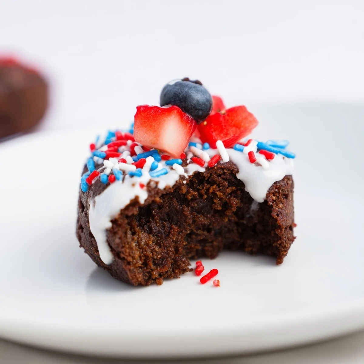 Festive Fourth of July brownie bites topped with colorful red and blue sprinkles.