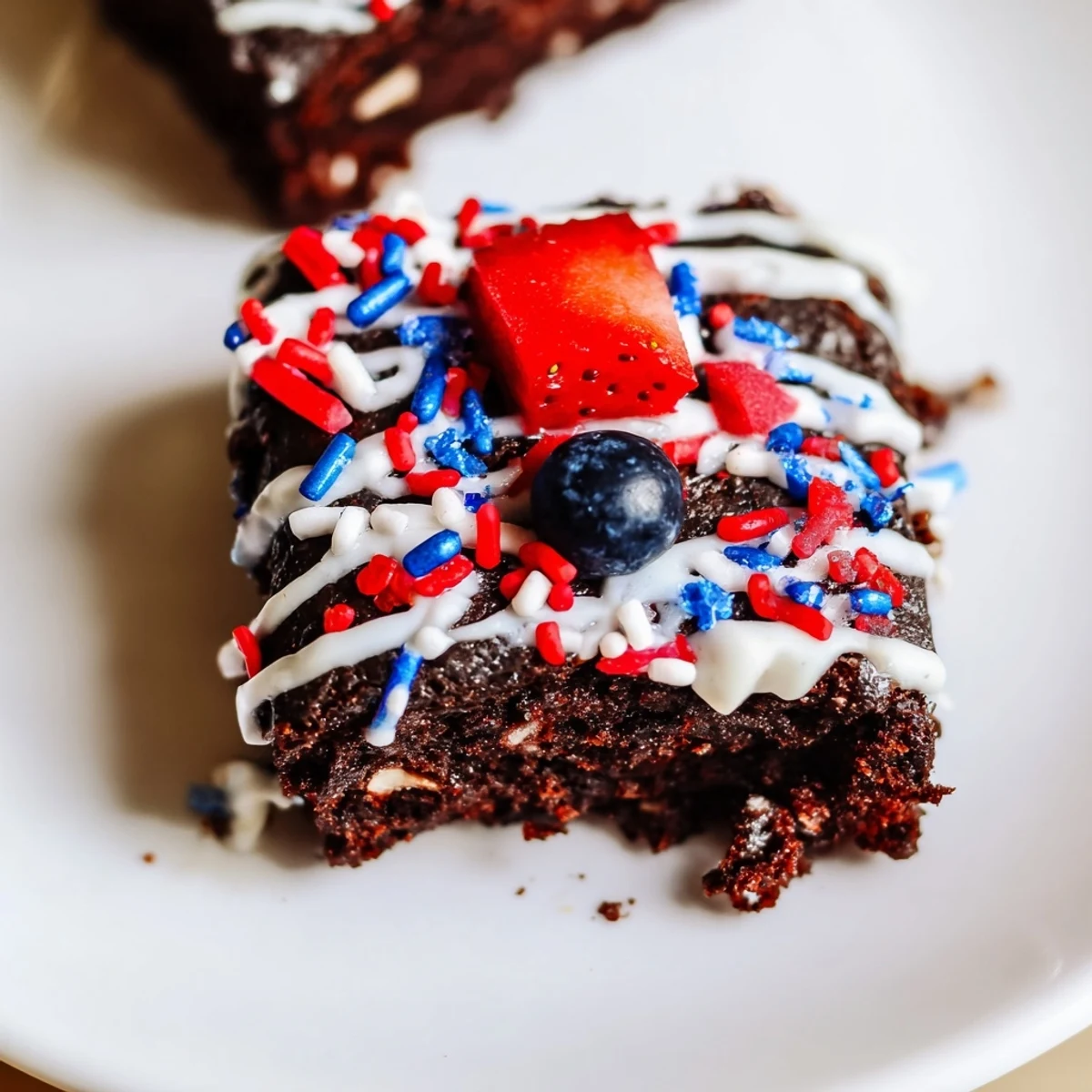 Rich Fourth of July brownie bites drizzled with white icing and star sprinkles.