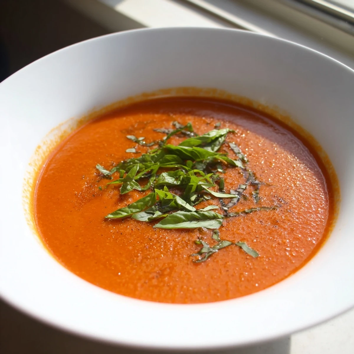 Velvety homemade roasted tomato basil soup garnished with fresh basil leaves.