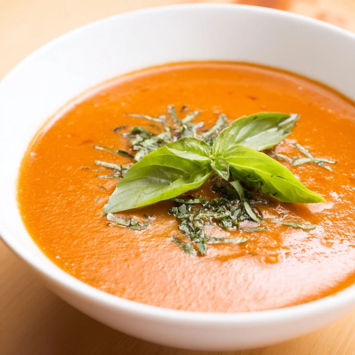 Bowl of creamy roasted tomato basil soup served with crusty bread slices.