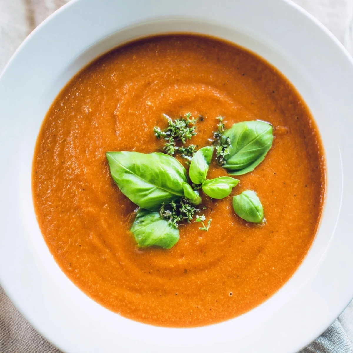 Rich and smooth roasted tomato basil soup ladled into a white bowl.