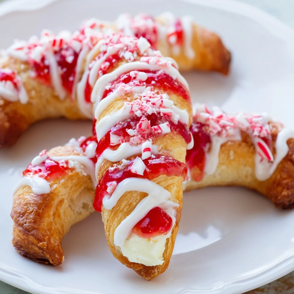 Golden Candy Cane Crescent pastry drizzled with white icing and peppermint chunks.