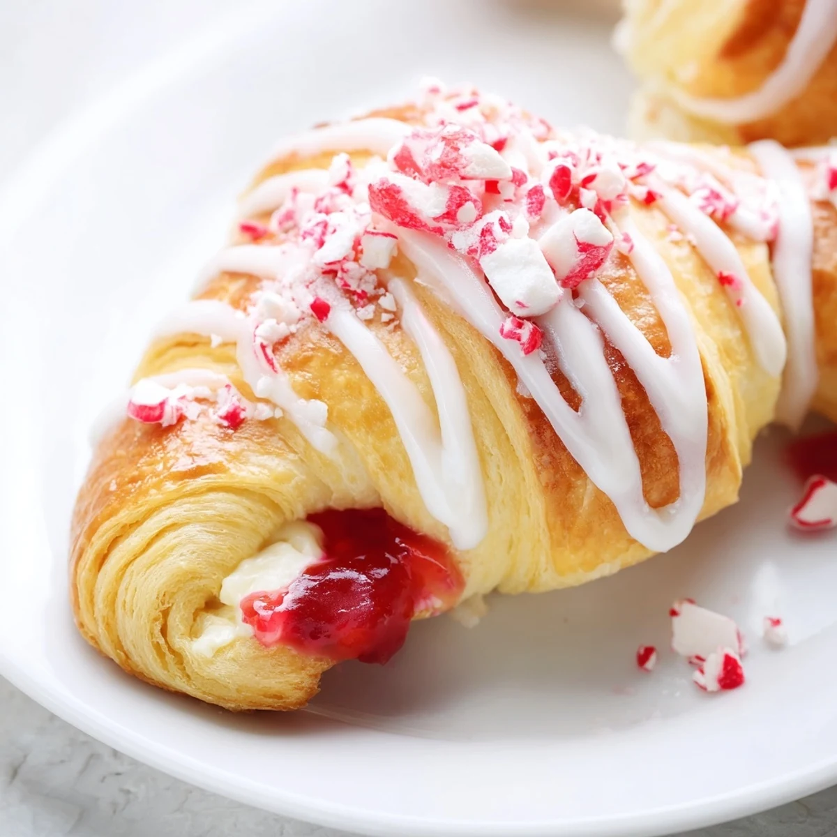 Festive Candy Cane Crescent filled with strawberry preserves and sweet cream cheese.