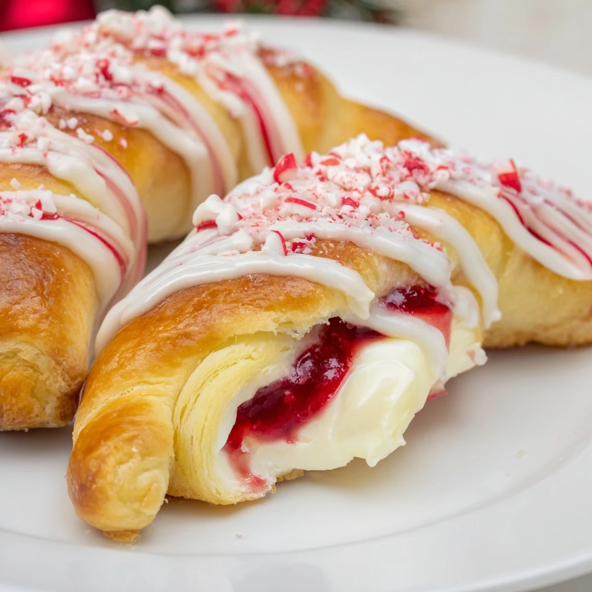 Warm Candy Cane Crescent breakfast treat topped with crushed candy canes and glaze.