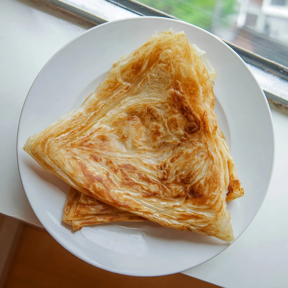 Buttery Roti Canai with golden layers, perfect for dipping into savory curry.