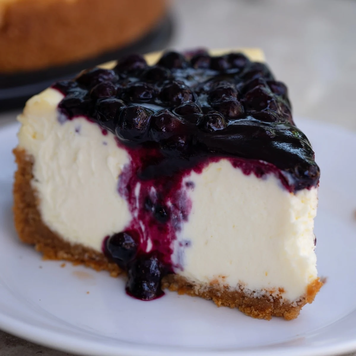 Homemade blueberry cheesecake recipe served on a white plate with fresh blueberry garnish