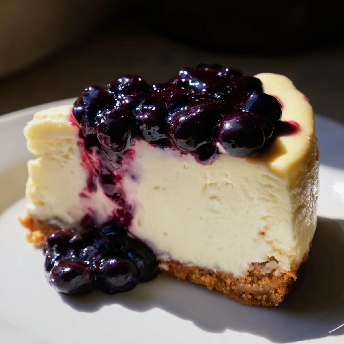 Slice of blueberry cheesecake recipe showcasing swirled blueberry sauce and smooth, luscious texture  
