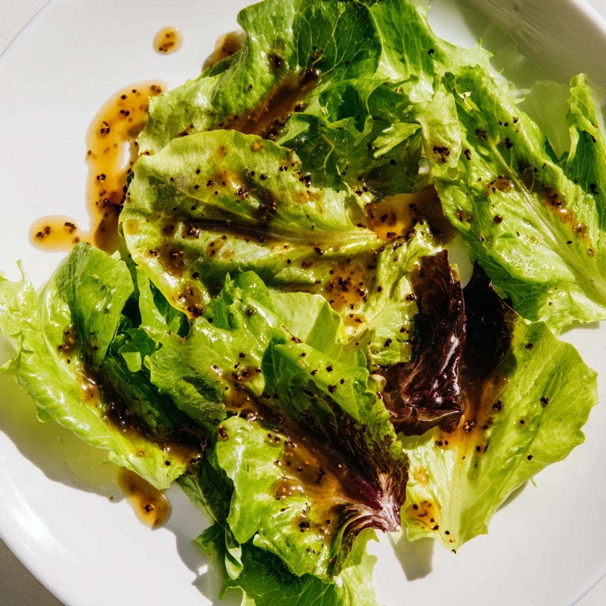 Golden honey vinaigrette drizzled over fresh mixed greens in a bowl.  