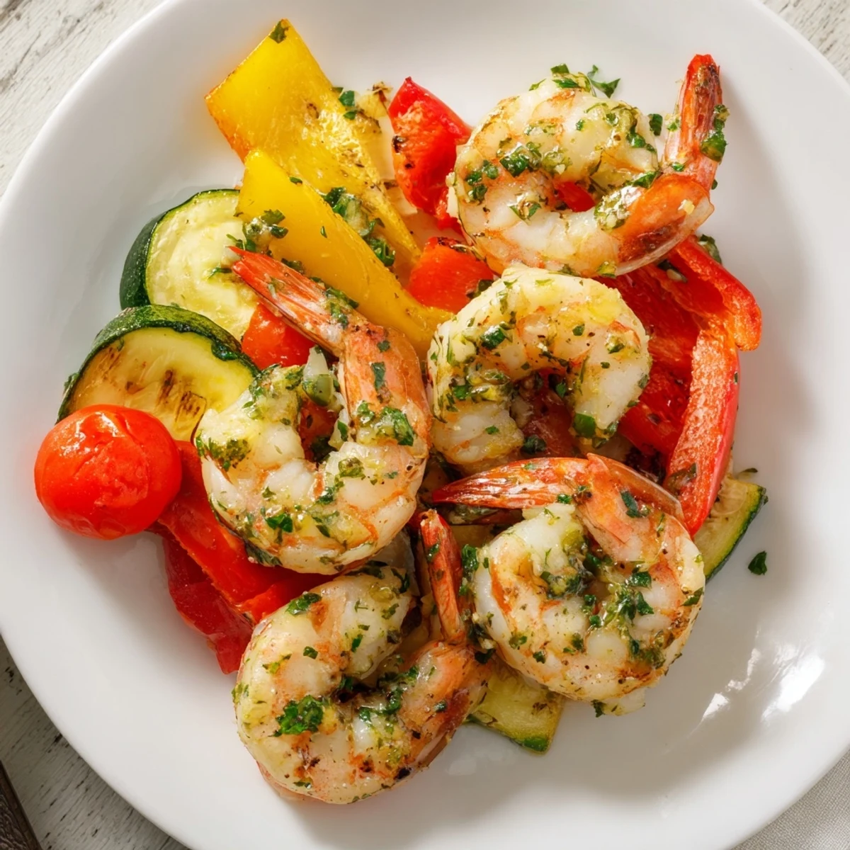 Golden Sheet Pan Garlic Butter Shrimp roasted with colorful vegetables and herbs.