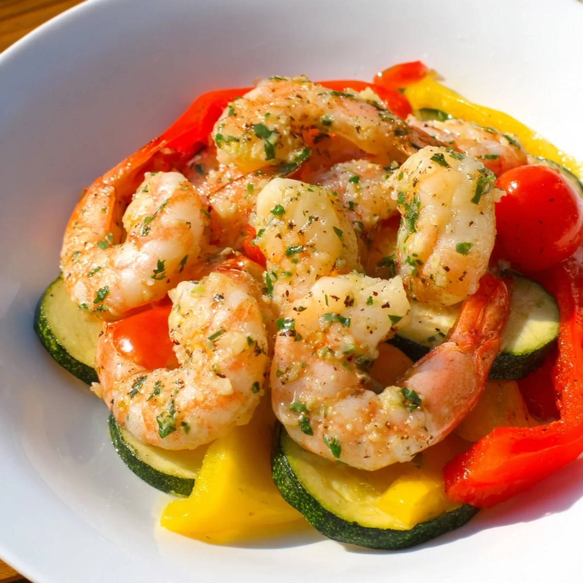 Juicy shrimp in garlic butter sauce on a sheet pan with fresh veggies.