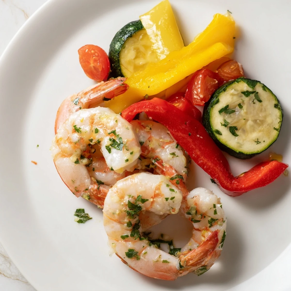Savory Sheet Pan Garlic Butter Shrimp served with zucchini, peppers, and lemon.
