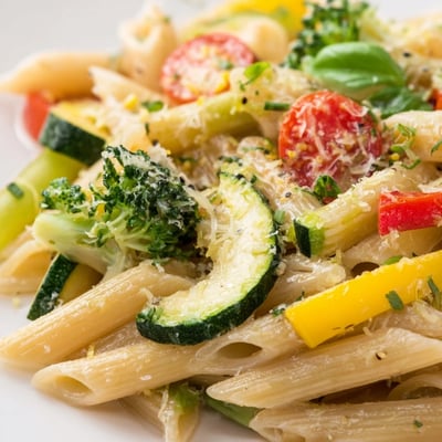 Pasta Primavera tossed with tender zucchini, bright bell peppers, and a light garlic lemon sauce