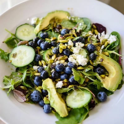 Fresh Blueberry Pistachio Spring Salad drizzled with bright lemon honey mustard dressing on a platter