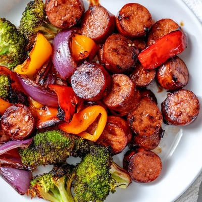 Smoky sliced kielbasa glistening with honey garlic glaze alongside caramelized bell peppers and broccoli