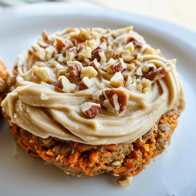 Thick spiced Crumbl carrot cake cookies with swirled cream cheese frosting and a sprinkle of chopped walnuts