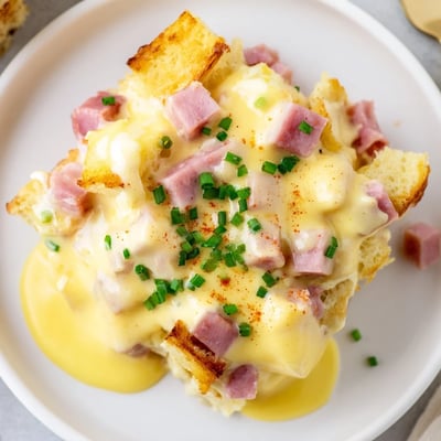 Steaming Eggs Benedict casserole with layers of Canadian bacon and toasted English muffins