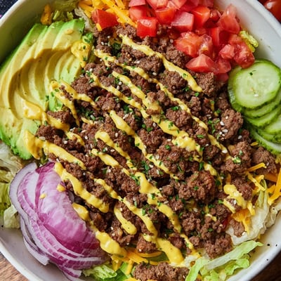 Juicy ground beef burger bowls loaded with crisp lettuce, tomatoes, and pickles