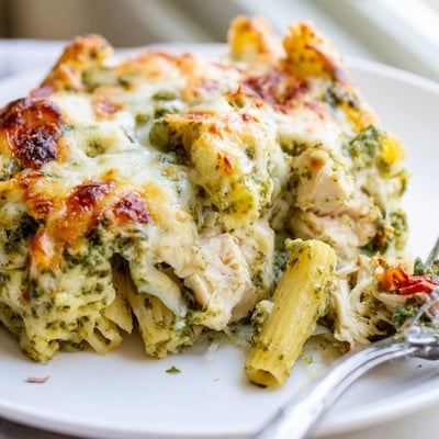 Creamy pesto chicken pasta bake bubbling with melted cheese in a rustic dish