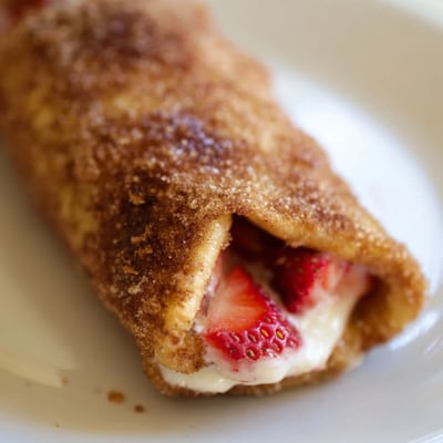Sweet strawberry cream cheese filling rolled inside toasted bread slices  